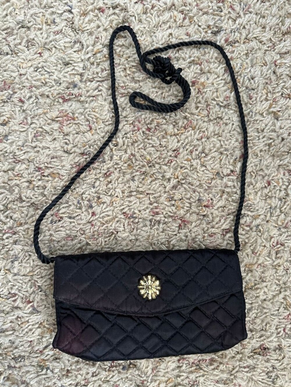 Lancome Black Quilted Shoulder Purse With Gold Button Accent & Rope Strap